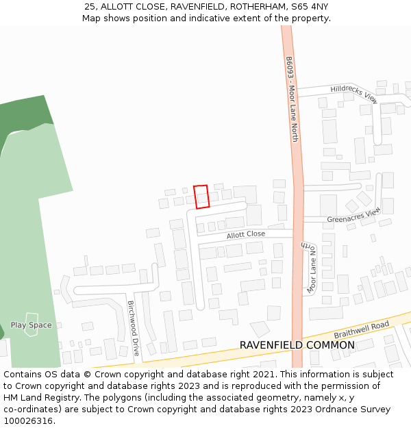 25, ALLOTT CLOSE, RAVENFIELD, ROTHERHAM, S65 4NY: Location map and indicative extent of plot