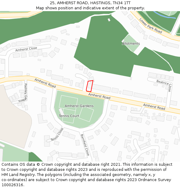 25, AMHERST ROAD, HASTINGS, TN34 1TT: Location map and indicative extent of plot