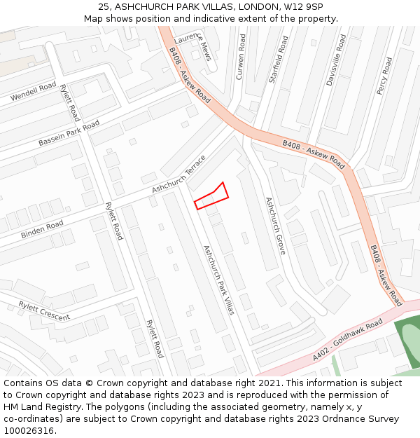 25, ASHCHURCH PARK VILLAS, LONDON, W12 9SP: Location map and indicative extent of plot