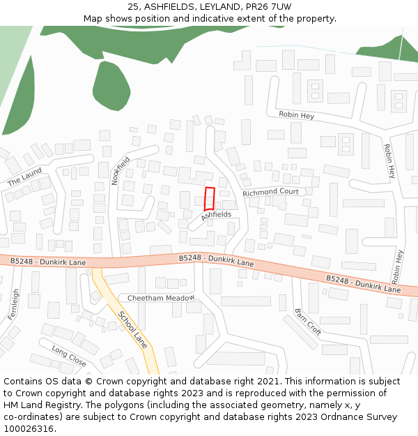 25, ASHFIELDS, LEYLAND, PR26 7UW: Location map and indicative extent of plot