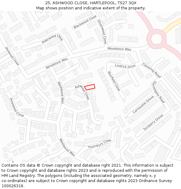 25, ASHWOOD CLOSE, HARTLEPOOL, TS27 3QX: Location map and indicative extent of plot