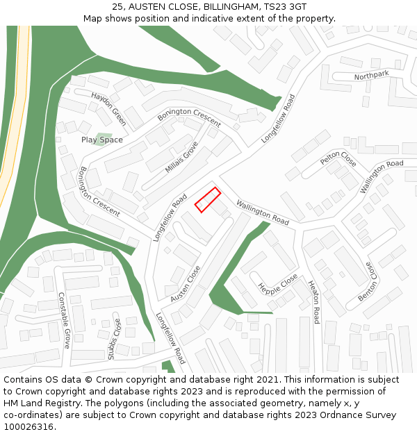 25, AUSTEN CLOSE, BILLINGHAM, TS23 3GT: Location map and indicative extent of plot