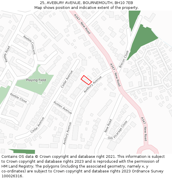 25, AVEBURY AVENUE, BOURNEMOUTH, BH10 7EB: Location map and indicative extent of plot
