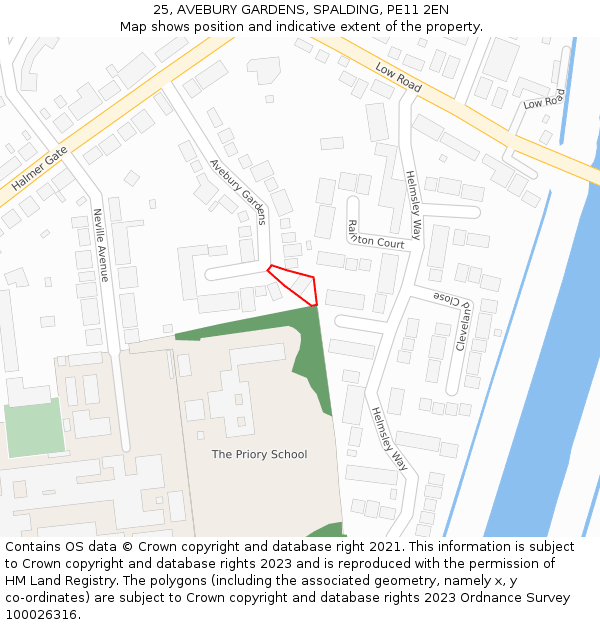 25, AVEBURY GARDENS, SPALDING, PE11 2EN: Location map and indicative extent of plot