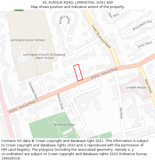 25, AVENUE ROAD, LYMINGTON, SO41 9GP: Location map and indicative extent of plot