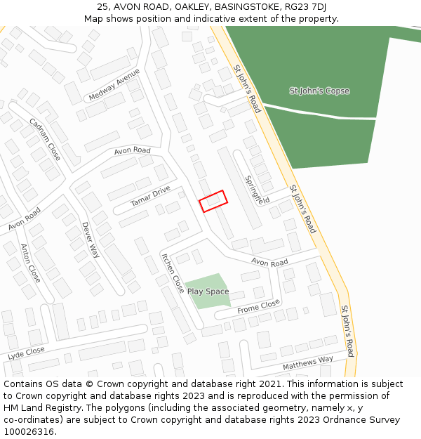 25, AVON ROAD, OAKLEY, BASINGSTOKE, RG23 7DJ: Location map and indicative extent of plot