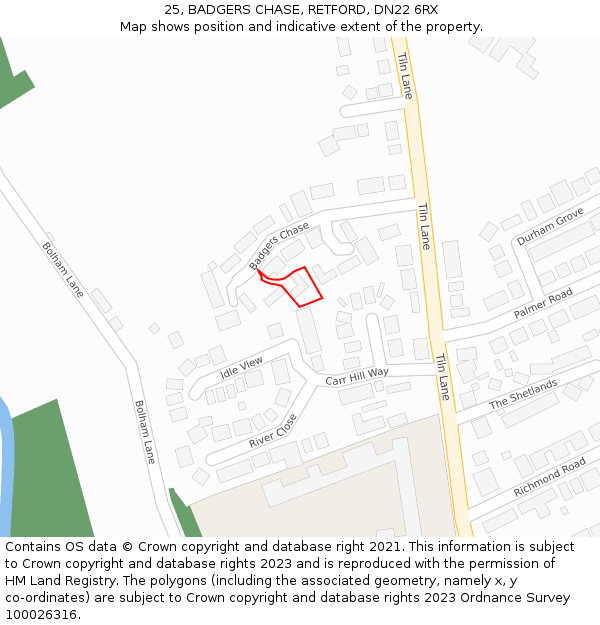 25, BADGERS CHASE, RETFORD, DN22 6RX: Location map and indicative extent of plot