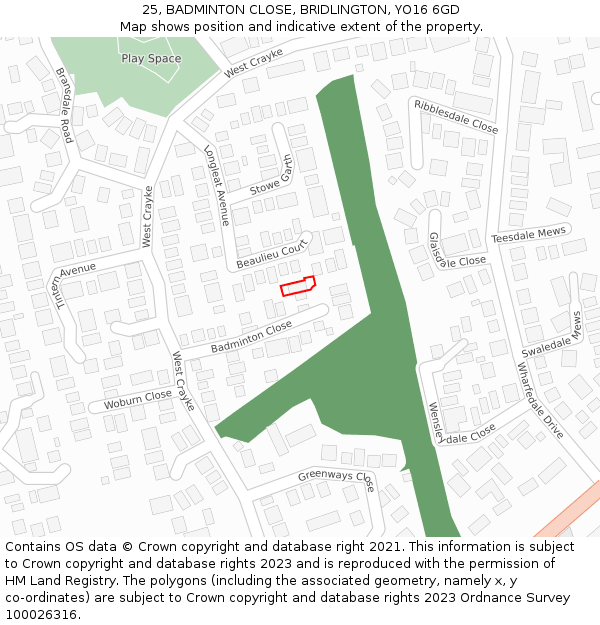 25, BADMINTON CLOSE, BRIDLINGTON, YO16 6GD: Location map and indicative extent of plot