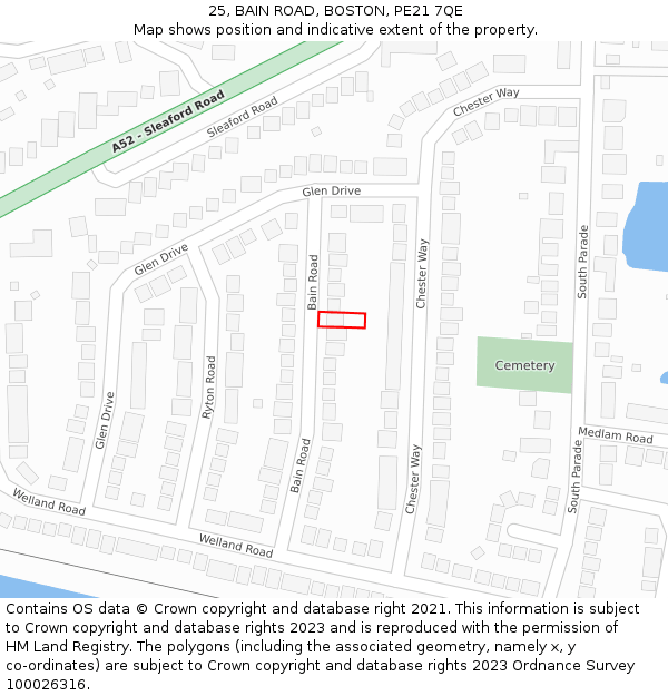 25, BAIN ROAD, BOSTON, PE21 7QE: Location map and indicative extent of plot