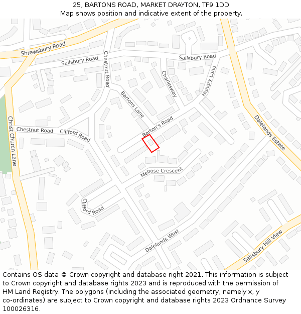 25, BARTONS ROAD, MARKET DRAYTON, TF9 1DD: Location map and indicative extent of plot