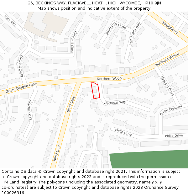 25, BECKINGS WAY, FLACKWELL HEATH, HIGH WYCOMBE, HP10 9JN: Location map and indicative extent of plot