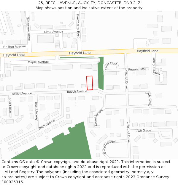 25, BEECH AVENUE, AUCKLEY, DONCASTER, DN9 3LZ: Location map and indicative extent of plot