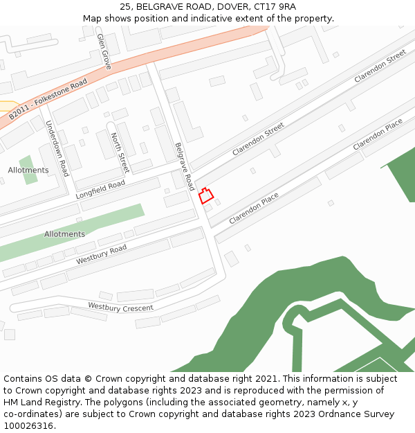 25, BELGRAVE ROAD, DOVER, CT17 9RA: Location map and indicative extent of plot