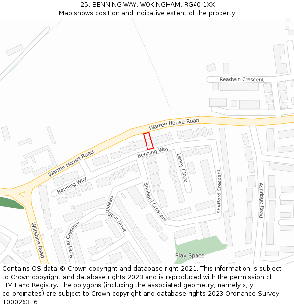 25, BENNING WAY, WOKINGHAM, RG40 1XX: Location map and indicative extent of plot