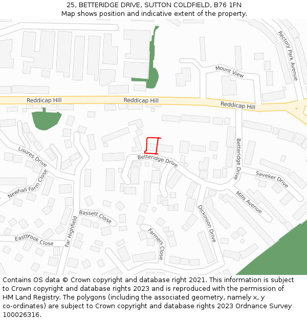 25, BETTERIDGE DRIVE, SUTTON COLDFIELD, B76 1FN: Location map and indicative extent of plot