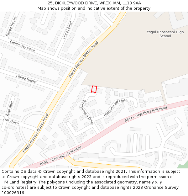 25, BICKLEYWOOD DRIVE, WREXHAM, LL13 9XA: Location map and indicative extent of plot