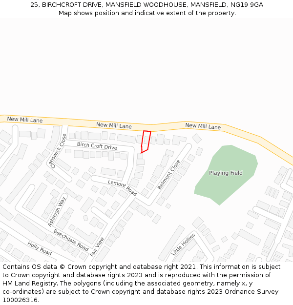 25, BIRCHCROFT DRIVE, MANSFIELD WOODHOUSE, MANSFIELD, NG19 9GA: Location map and indicative extent of plot