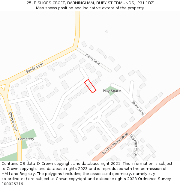 25, BISHOPS CROFT, BARNINGHAM, BURY ST EDMUNDS, IP31 1BZ: Location map and indicative extent of plot