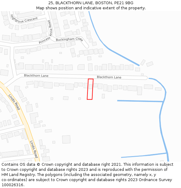 25, BLACKTHORN LANE, BOSTON, PE21 9BG: Location map and indicative extent of plot