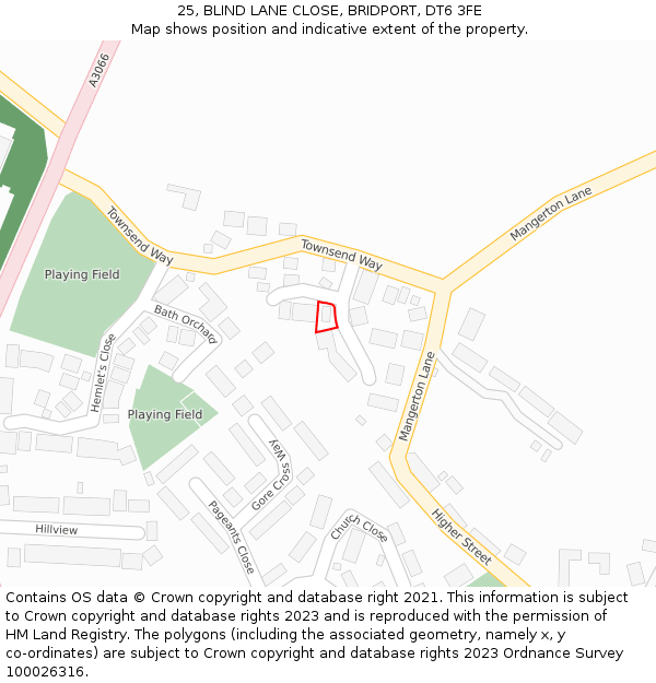 25, BLIND LANE CLOSE, BRIDPORT, DT6 3FE: Location map and indicative extent of plot