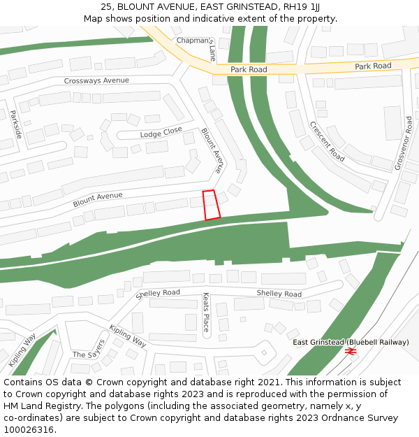 25, BLOUNT AVENUE, EAST GRINSTEAD, RH19 1JJ: Location map and indicative extent of plot