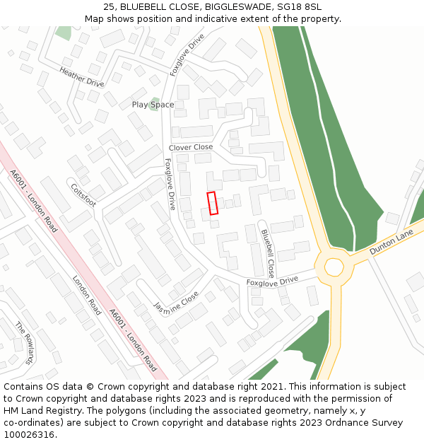 25, BLUEBELL CLOSE, BIGGLESWADE, SG18 8SL: Location map and indicative extent of plot