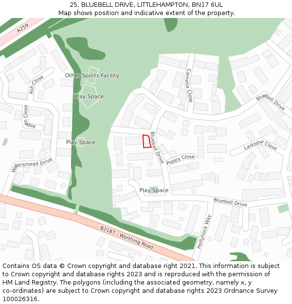 25, BLUEBELL DRIVE, LITTLEHAMPTON, BN17 6UL: Location map and indicative extent of plot
