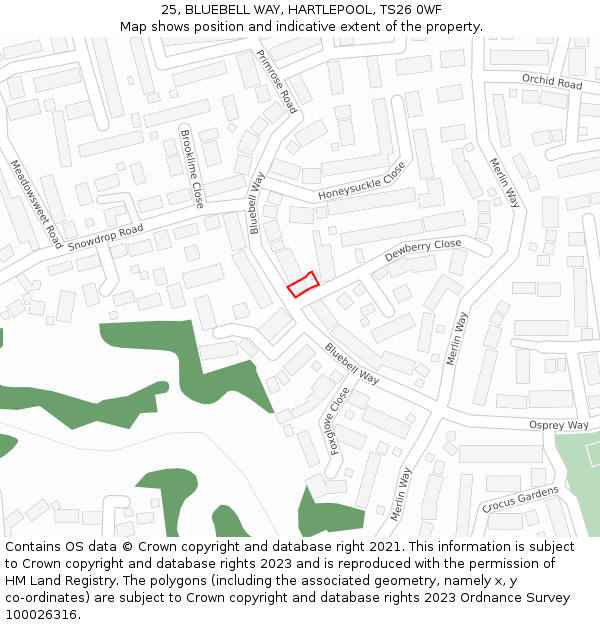 25, BLUEBELL WAY, HARTLEPOOL, TS26 0WF: Location map and indicative extent of plot