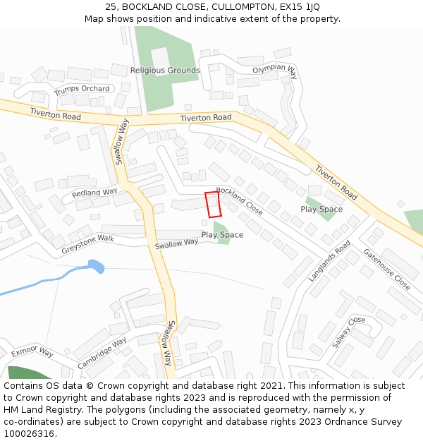 25, BOCKLAND CLOSE, CULLOMPTON, EX15 1JQ: Location map and indicative extent of plot