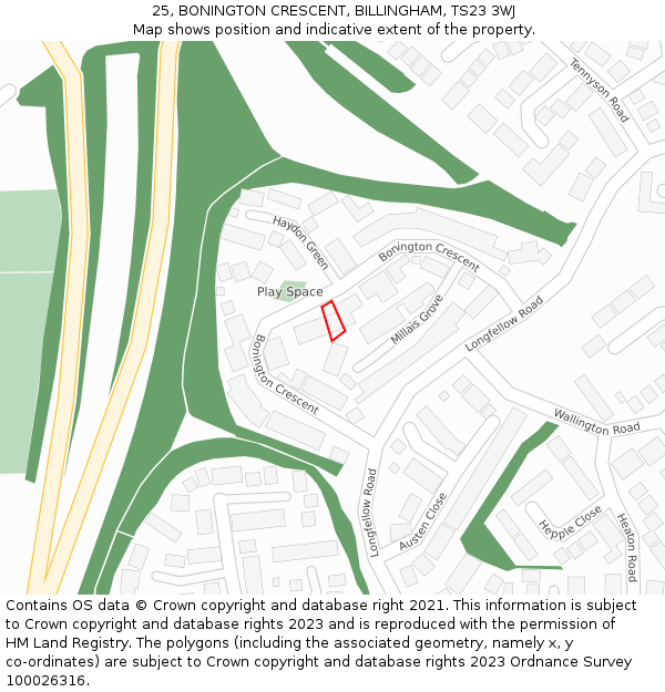 25, BONINGTON CRESCENT, BILLINGHAM, TS23 3WJ: Location map and indicative extent of plot