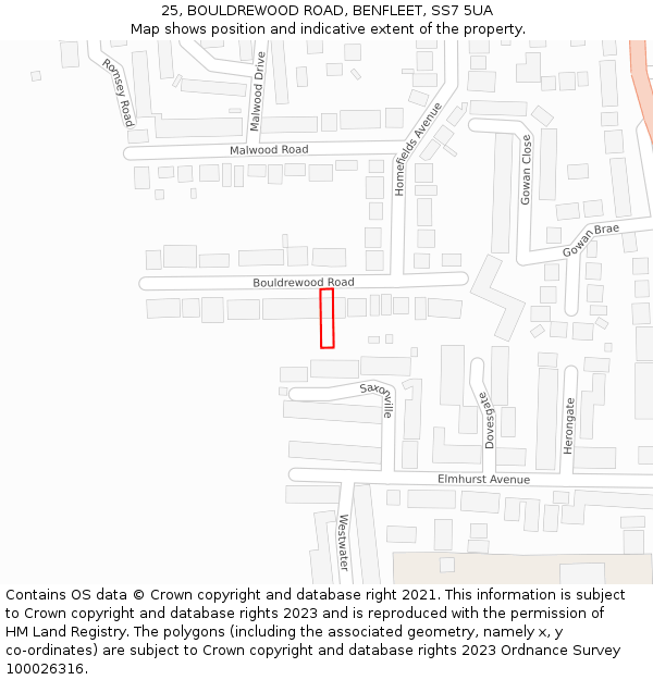 25, BOULDREWOOD ROAD, BENFLEET, SS7 5UA: Location map and indicative extent of plot