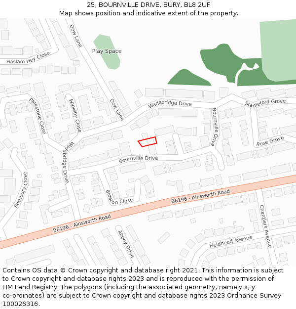 25, BOURNVILLE DRIVE, BURY, BL8 2UF: Location map and indicative extent of plot