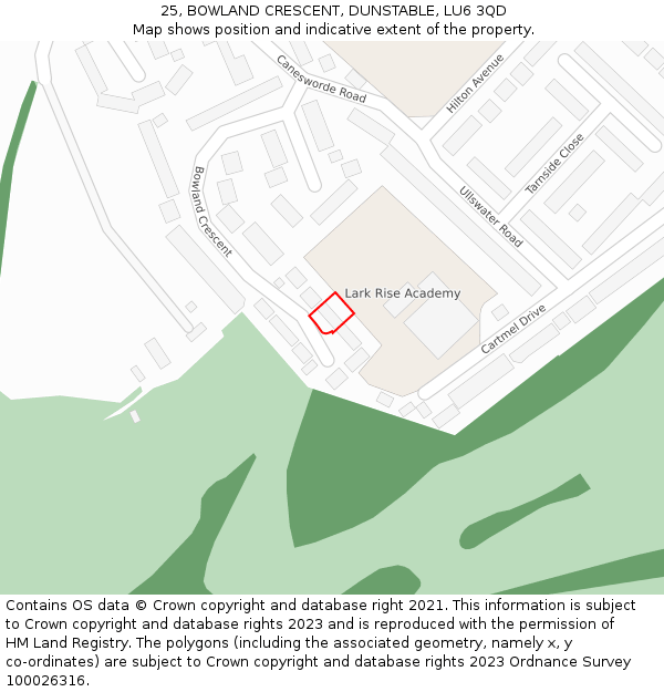 25, BOWLAND CRESCENT, DUNSTABLE, LU6 3QD: Location map and indicative extent of plot