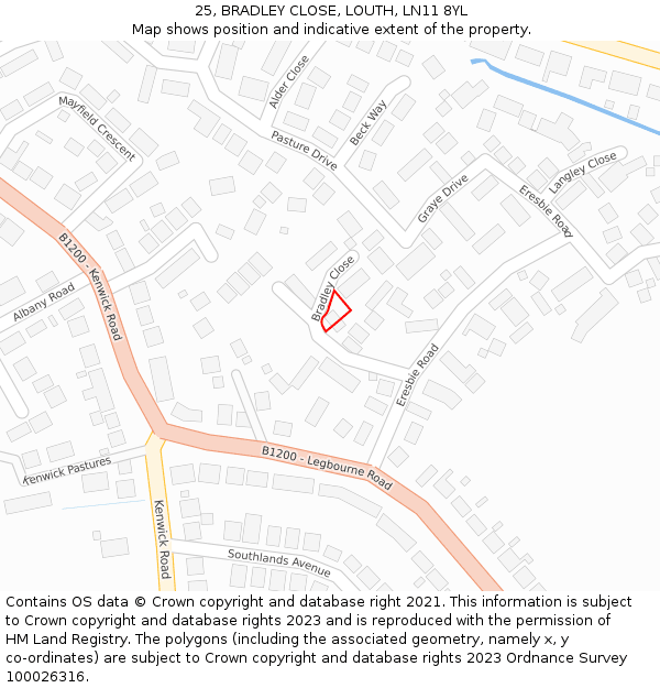 25, BRADLEY CLOSE, LOUTH, LN11 8YL: Location map and indicative extent of plot