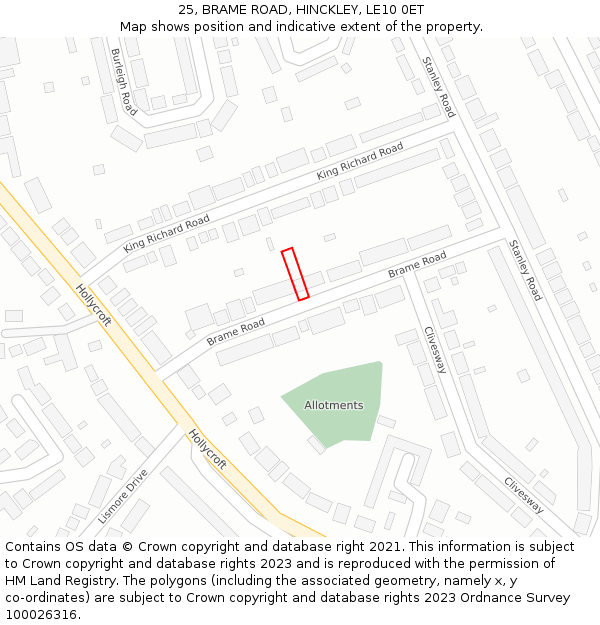 25, BRAME ROAD, HINCKLEY, LE10 0ET: Location map and indicative extent of plot