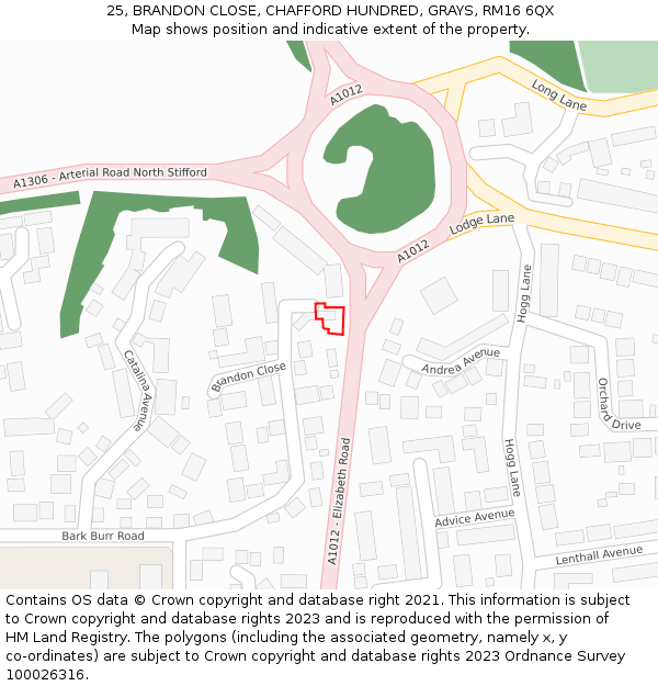 25, BRANDON CLOSE, CHAFFORD HUNDRED, GRAYS, RM16 6QX: Location map and indicative extent of plot