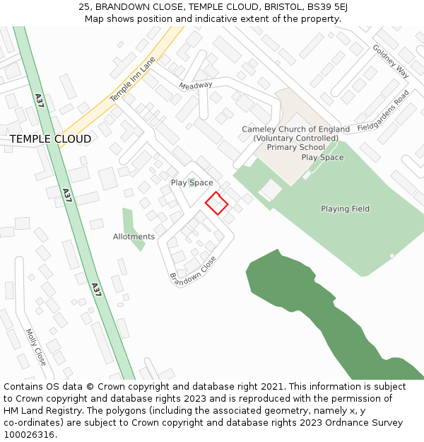 25, BRANDOWN CLOSE, TEMPLE CLOUD, BRISTOL, BS39 5EJ: Location map and indicative extent of plot