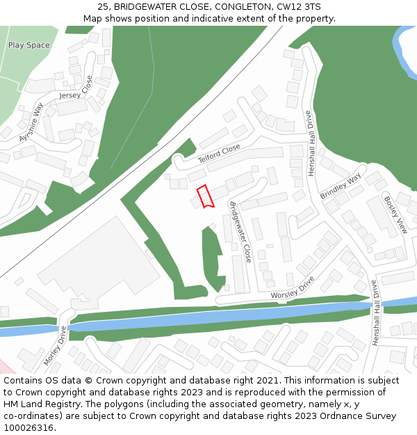 25, BRIDGEWATER CLOSE, CONGLETON, CW12 3TS: Location map and indicative extent of plot
