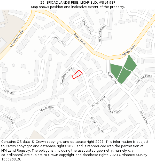 25, BROADLANDS RISE, LICHFIELD, WS14 9SF: Location map and indicative extent of plot