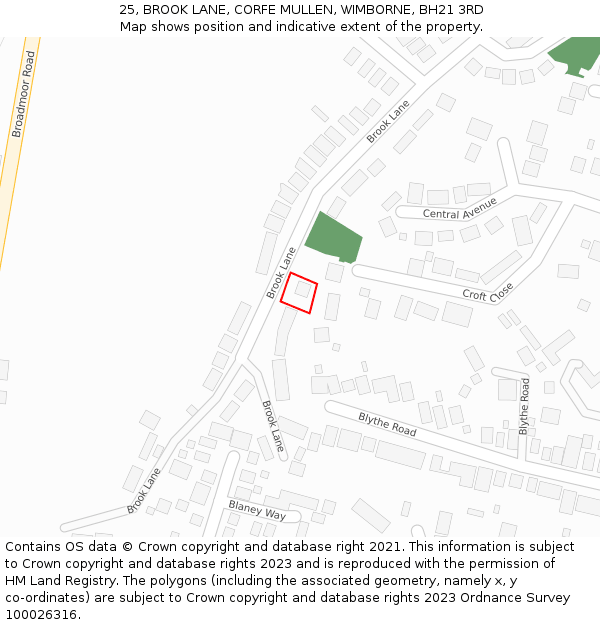 25, BROOK LANE, CORFE MULLEN, WIMBORNE, BH21 3RD: Location map and indicative extent of plot