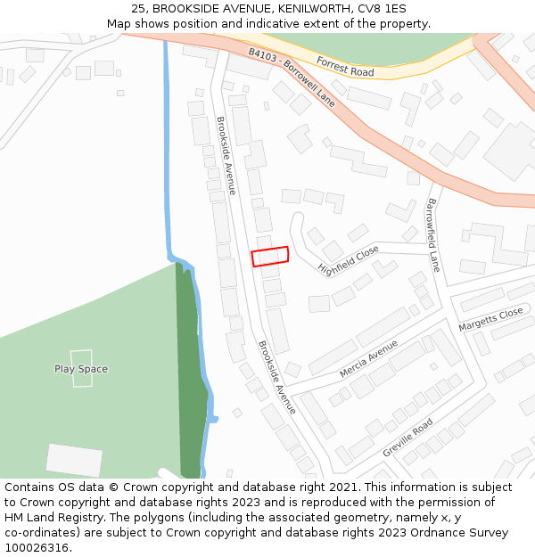 25, BROOKSIDE AVENUE, KENILWORTH, CV8 1ES: Location map and indicative extent of plot