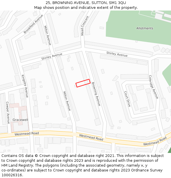 25, BROWNING AVENUE, SUTTON, SM1 3QU: Location map and indicative extent of plot