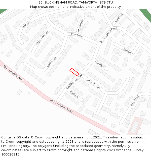25, BUCKINGHAM ROAD, TAMWORTH, B79 7TU: Location map and indicative extent of plot