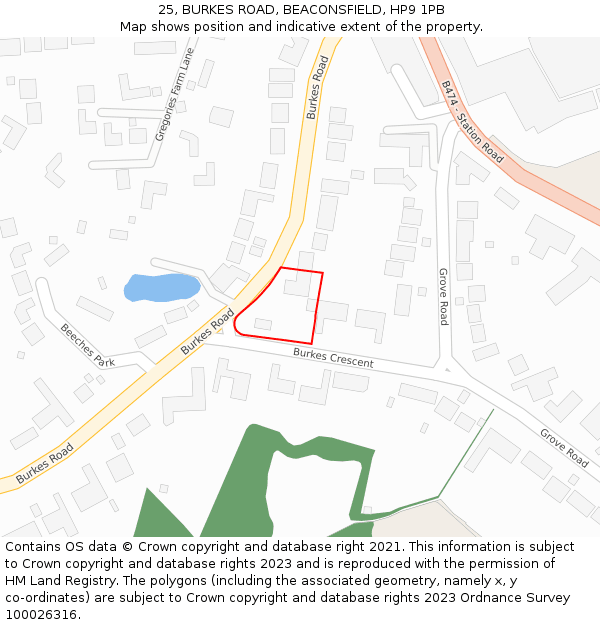 25, BURKES ROAD, BEACONSFIELD, HP9 1PB: Location map and indicative extent of plot