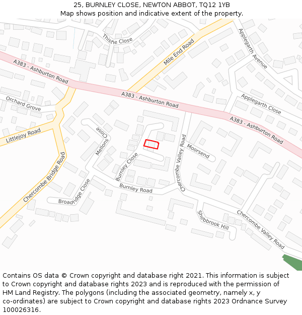 25, BURNLEY CLOSE, NEWTON ABBOT, TQ12 1YB: Location map and indicative extent of plot