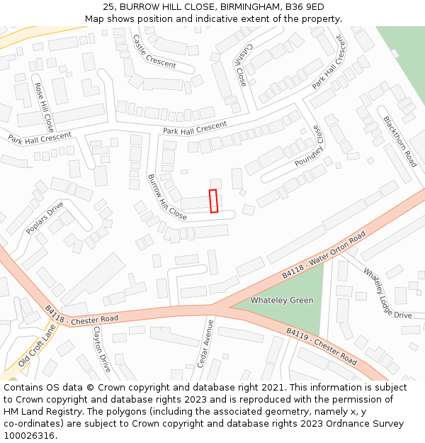 25, BURROW HILL CLOSE, BIRMINGHAM, B36 9ED: Location map and indicative extent of plot