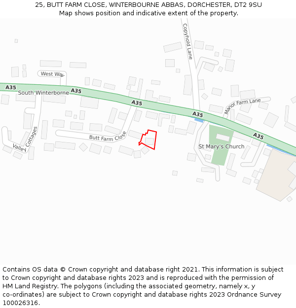 25, BUTT FARM CLOSE, WINTERBOURNE ABBAS, DORCHESTER, DT2 9SU: Location map and indicative extent of plot