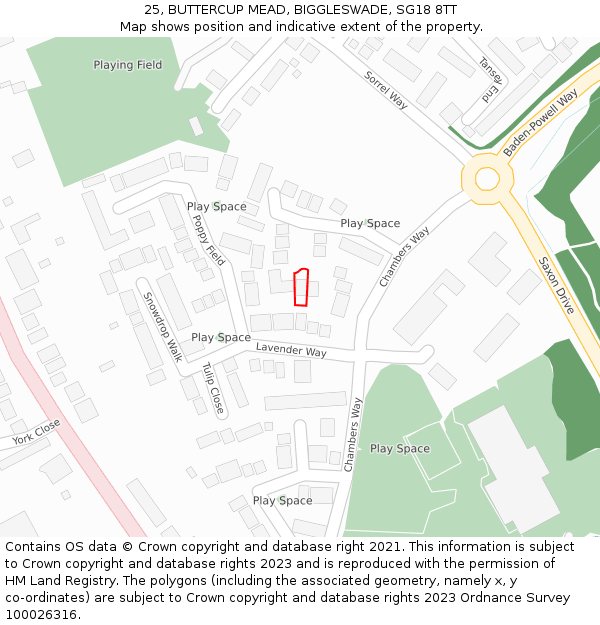 25, BUTTERCUP MEAD, BIGGLESWADE, SG18 8TT: Location map and indicative extent of plot