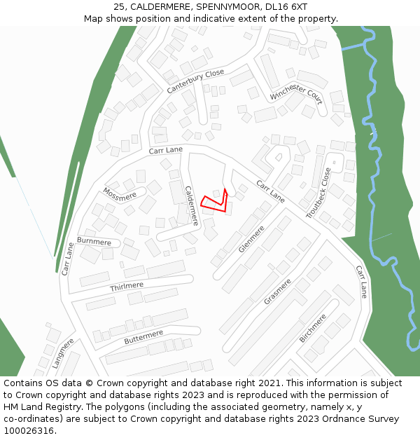 25, CALDERMERE, SPENNYMOOR, DL16 6XT: Location map and indicative extent of plot