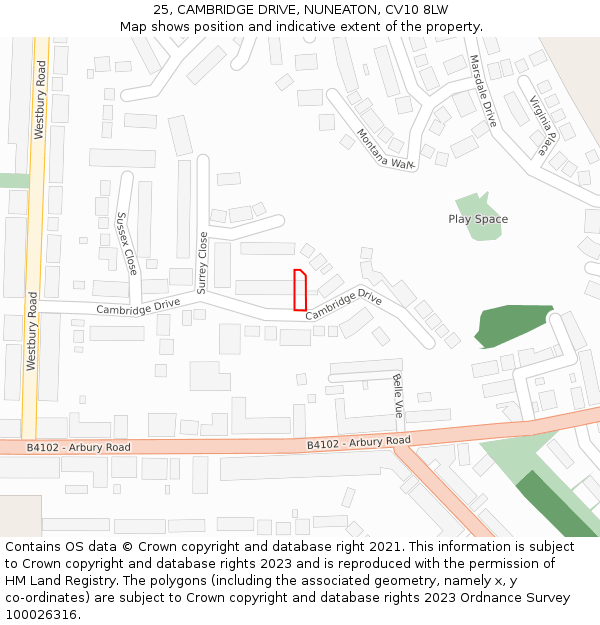 25, CAMBRIDGE DRIVE, NUNEATON, CV10 8LW: Location map and indicative extent of plot